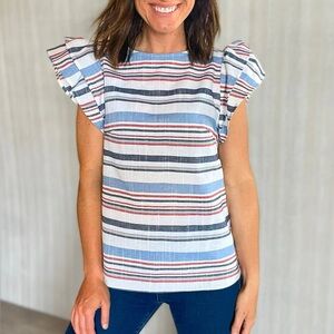 Annie Wear Striped Red White Blue Frill Blouse